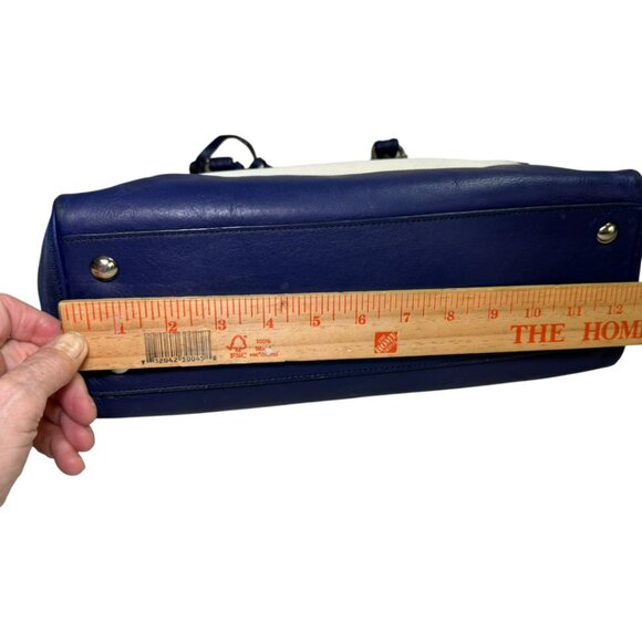 Coach Stripe Canvas & Navy Leather Satchel Tote – Tassel Bag Zip Pocket – Large - Picture 11 of 13